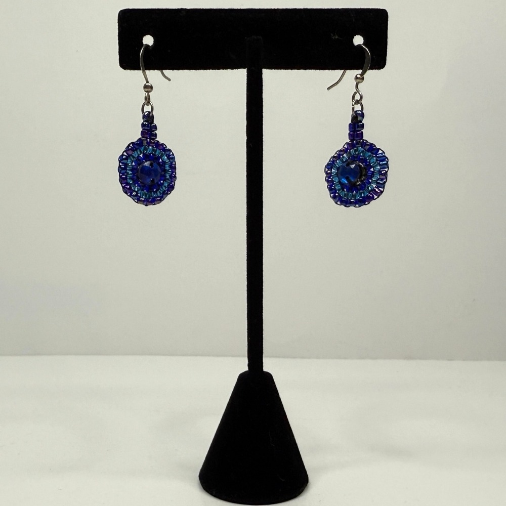 Cluster Beaded Dangle Earrings Round Gemstone iridescent Blue Cobalt Jewelry 1in